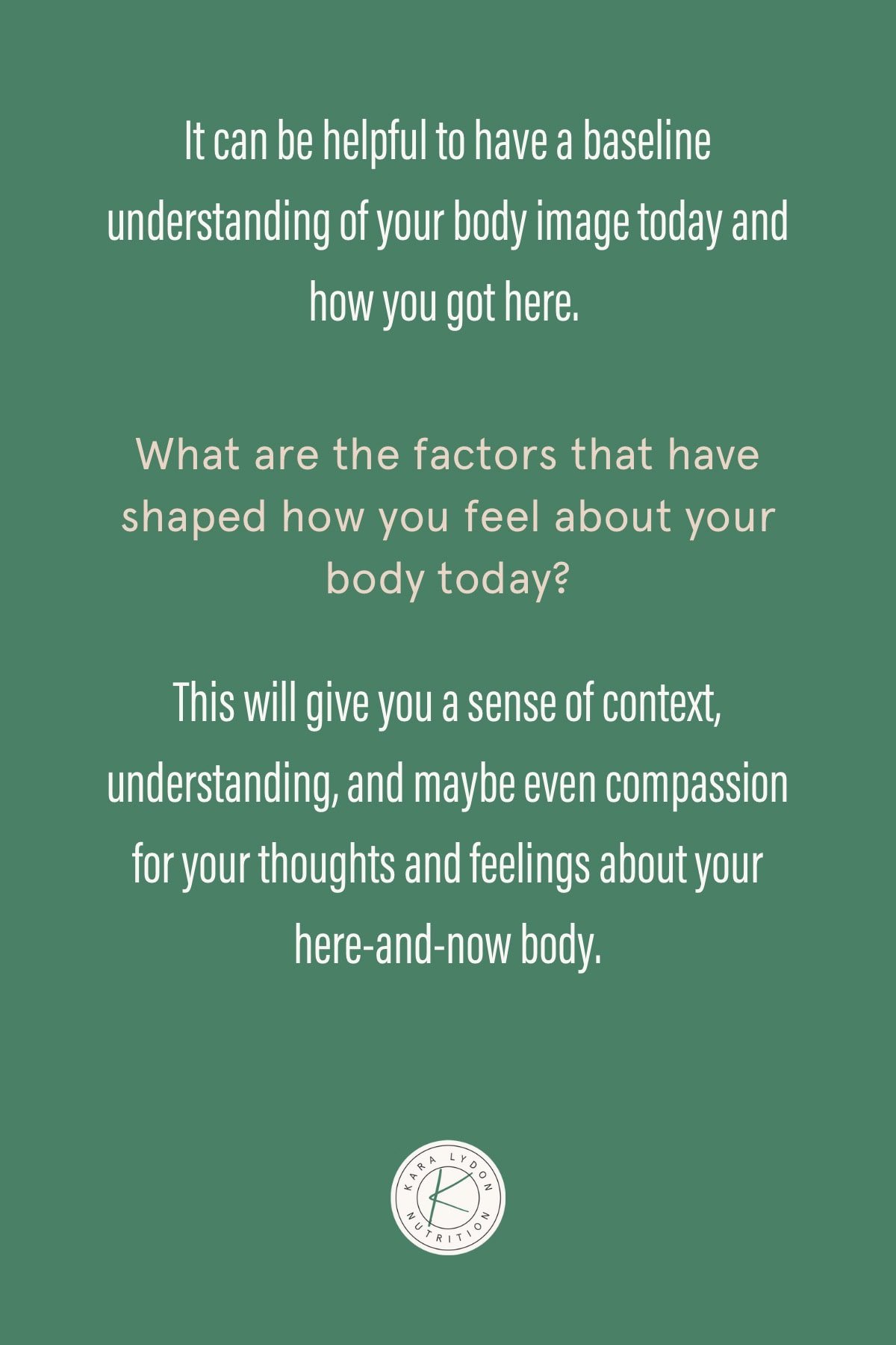 Graphic with quote: “It can be helpful to have a baseline understanding of your body image today and how you got here. What are the factors they have shaped how you feel about your body today? This will give you a sense of context, understanding, and maybe even compassion for your thoughts and feelings about your here-and-now body.”